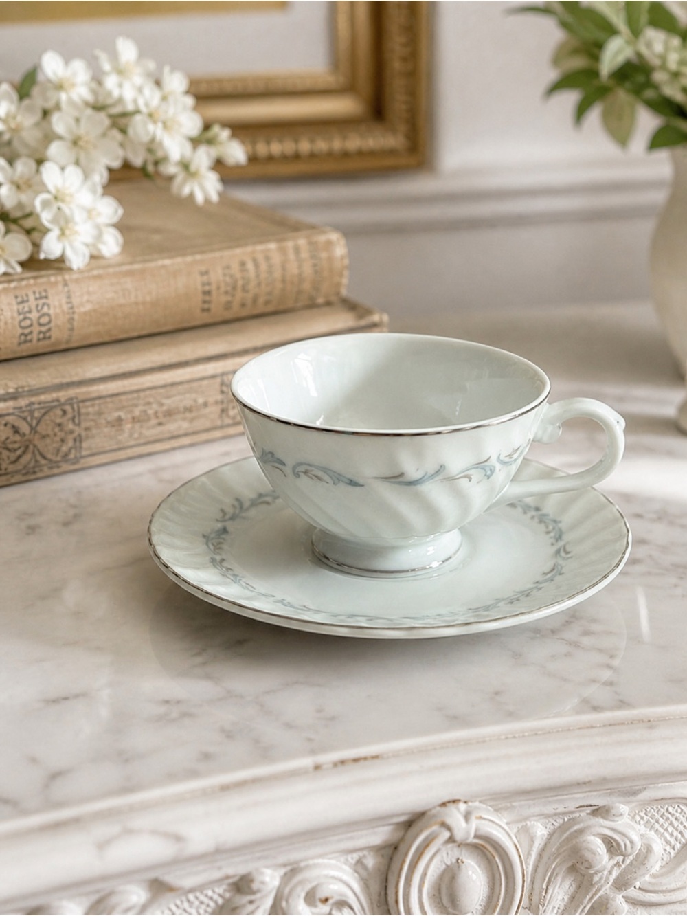 Style House Fine China Carillon Cup Saucer Set White Blue Swirl Japan Vintage